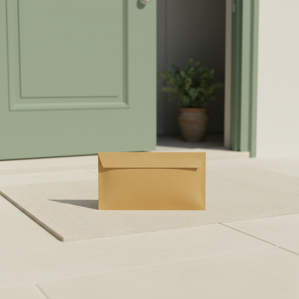 Plain unbranded brown mailer envelope on a doorstep