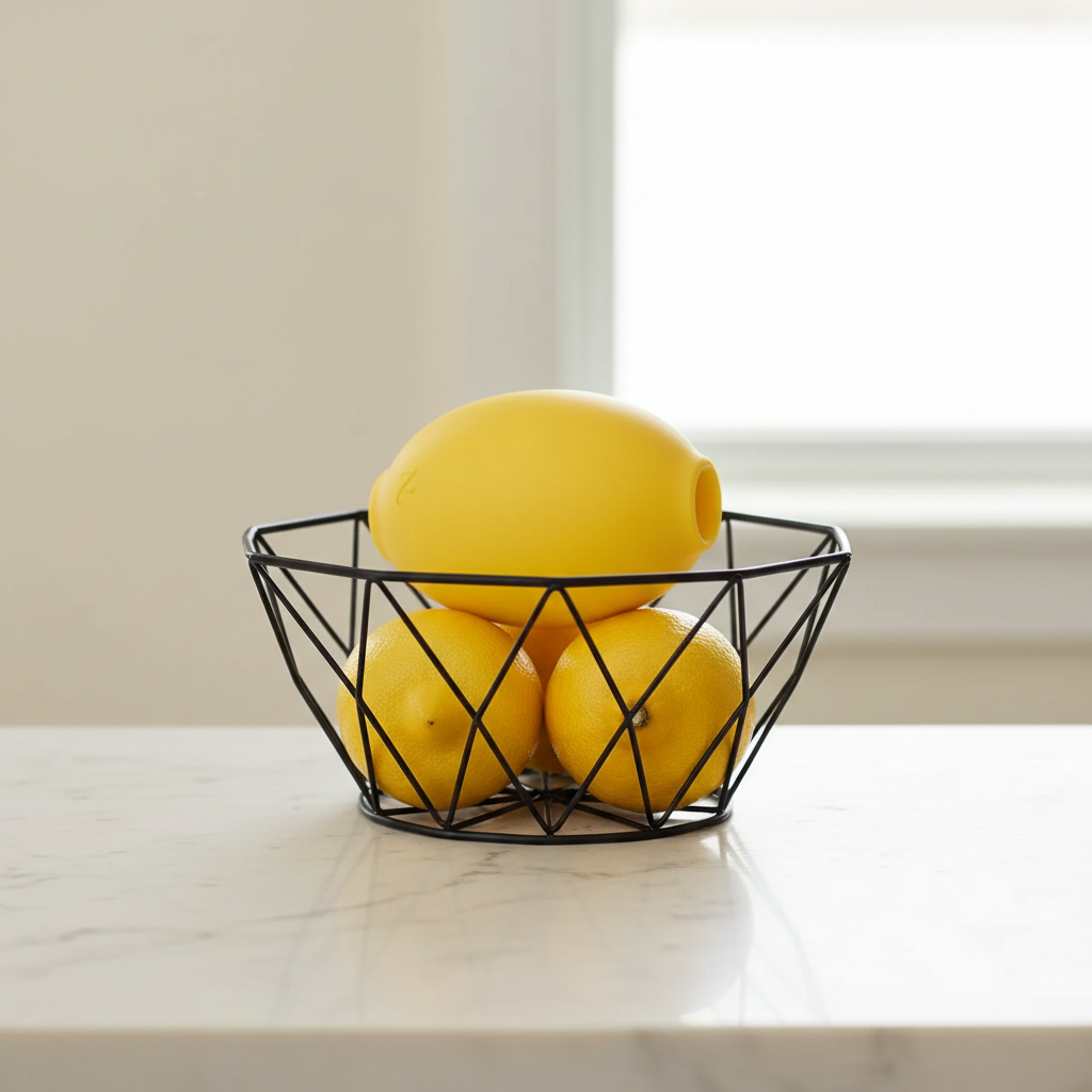 Lem in a wire fruit basket beside fresh lemons on a marble kitchen counter