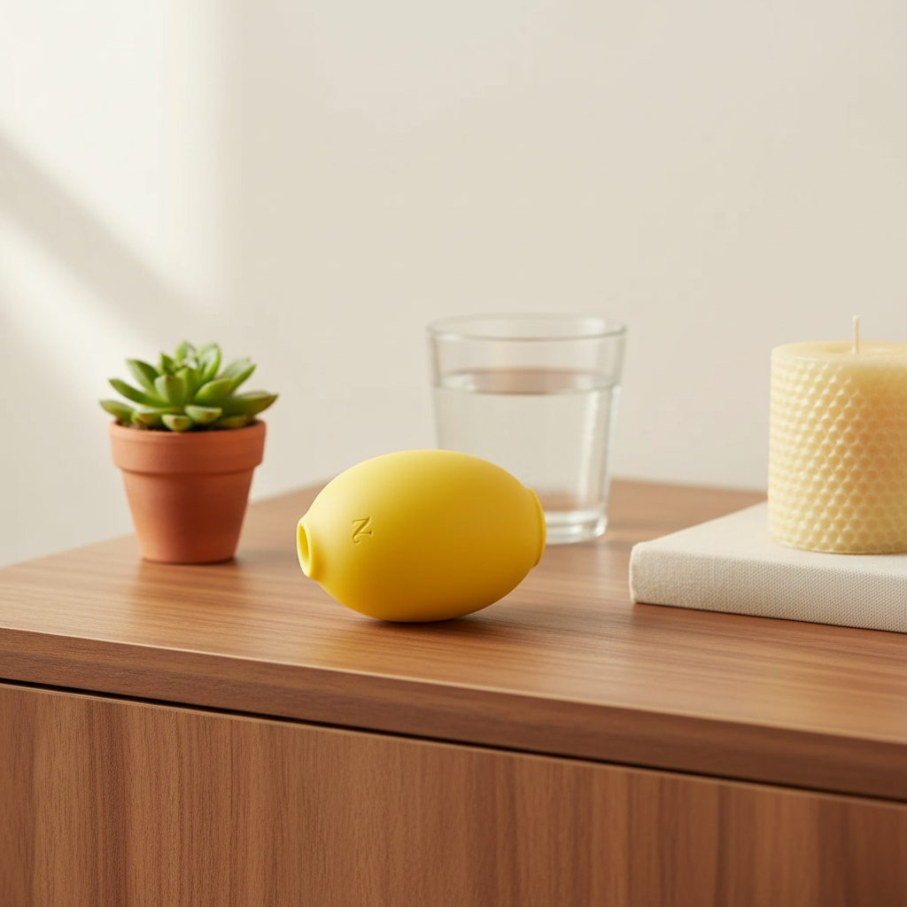 Lem on a wooden nightstand alongside a candle and a small succulent